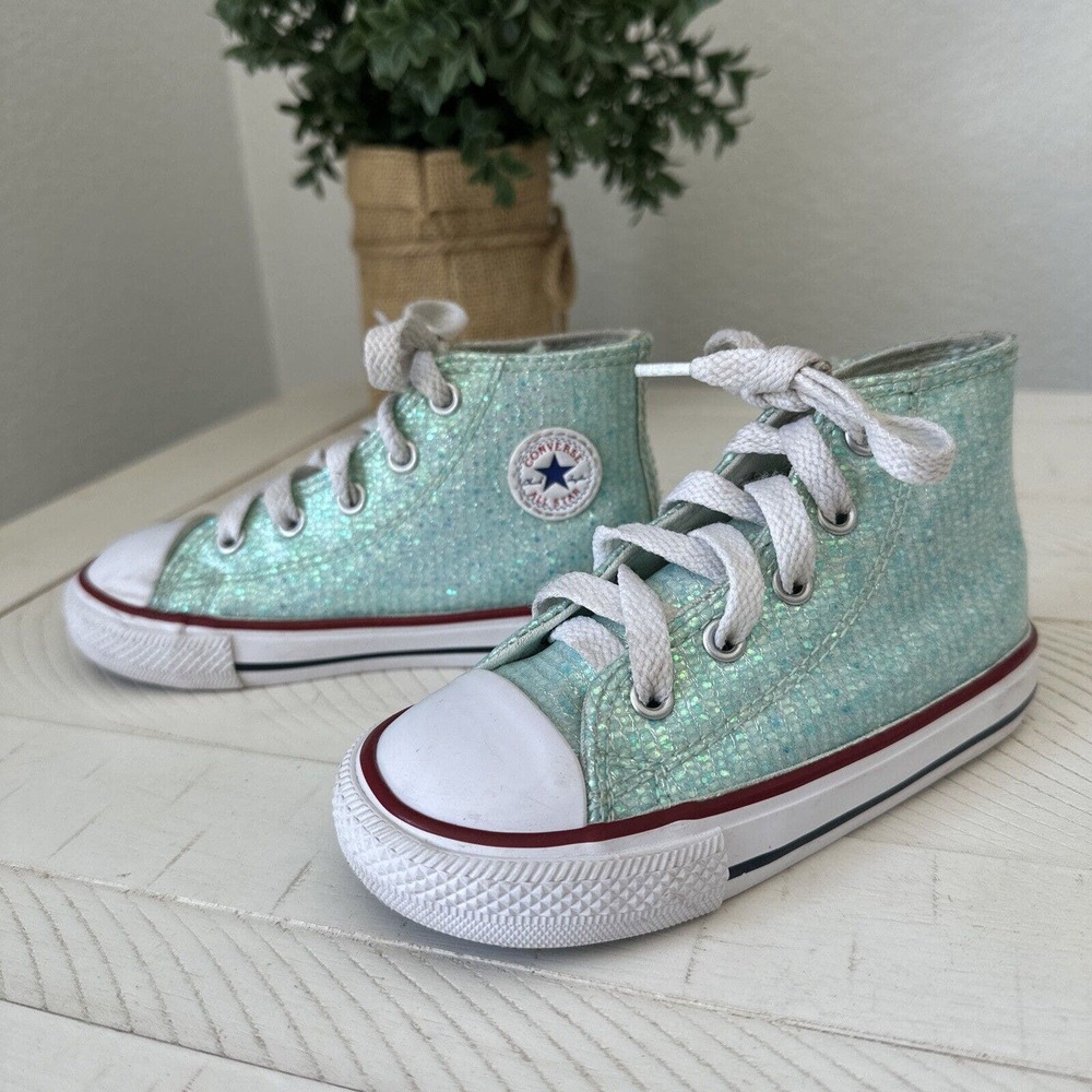 Converse All Star 8 Little Girl Youth Sneakers Low Top Sparkle Mint Green Hi Top